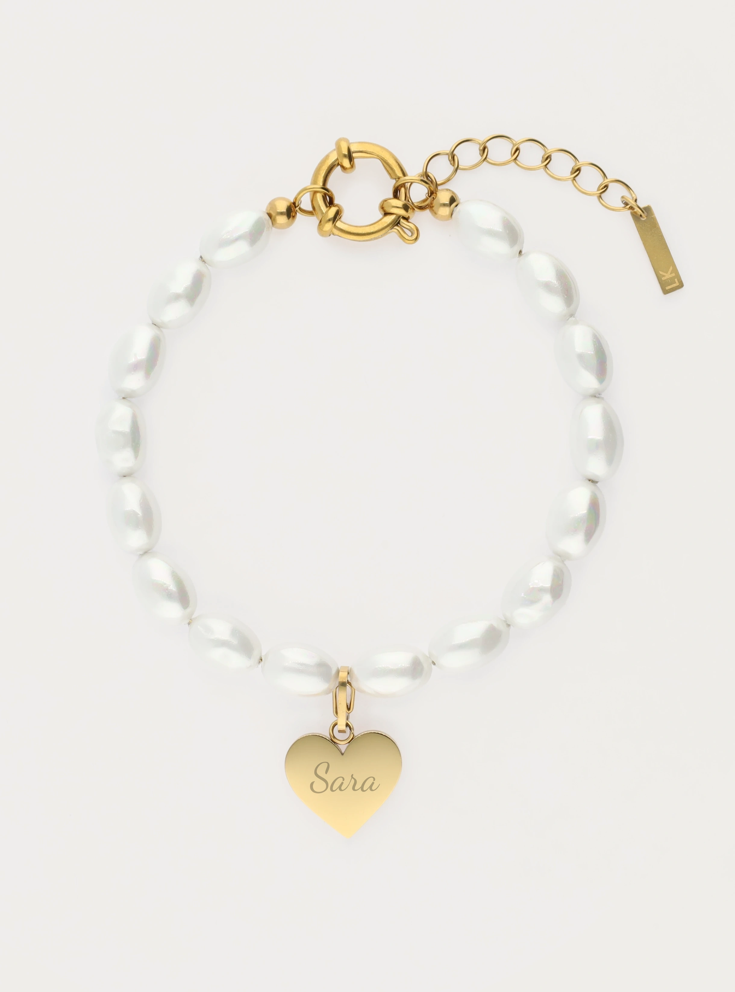 Armband van schelpparels met graveerbare hart bedel - 14 mm