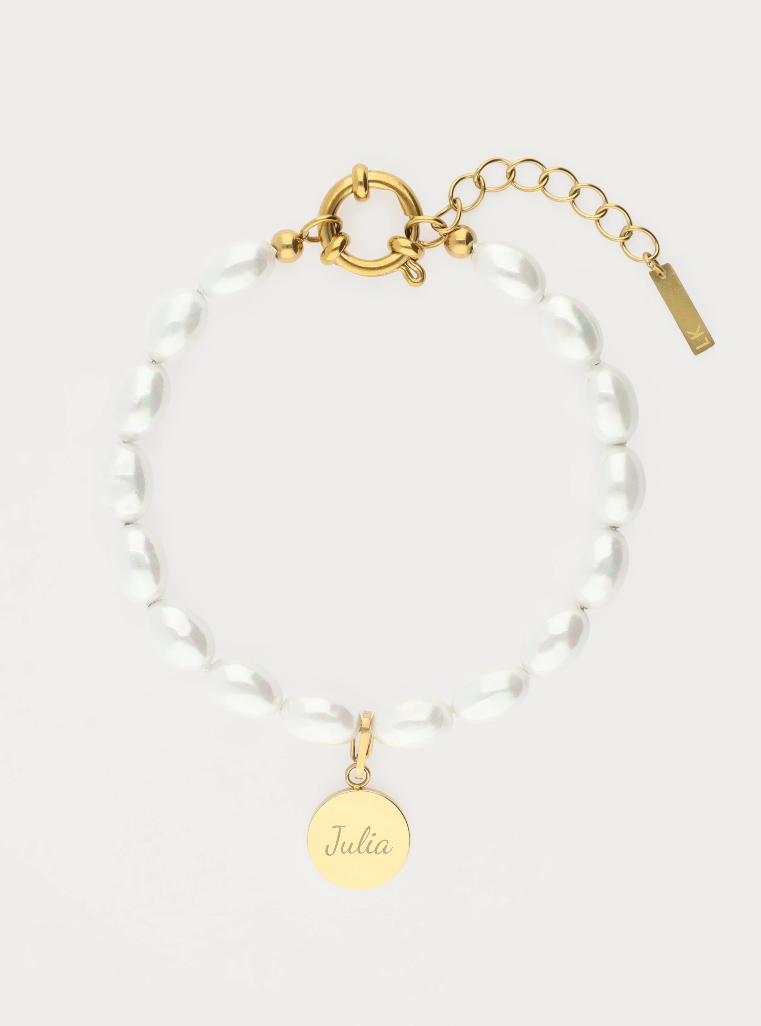 Armband van schelpparels met graveerbare ronde bedel - 12 mm