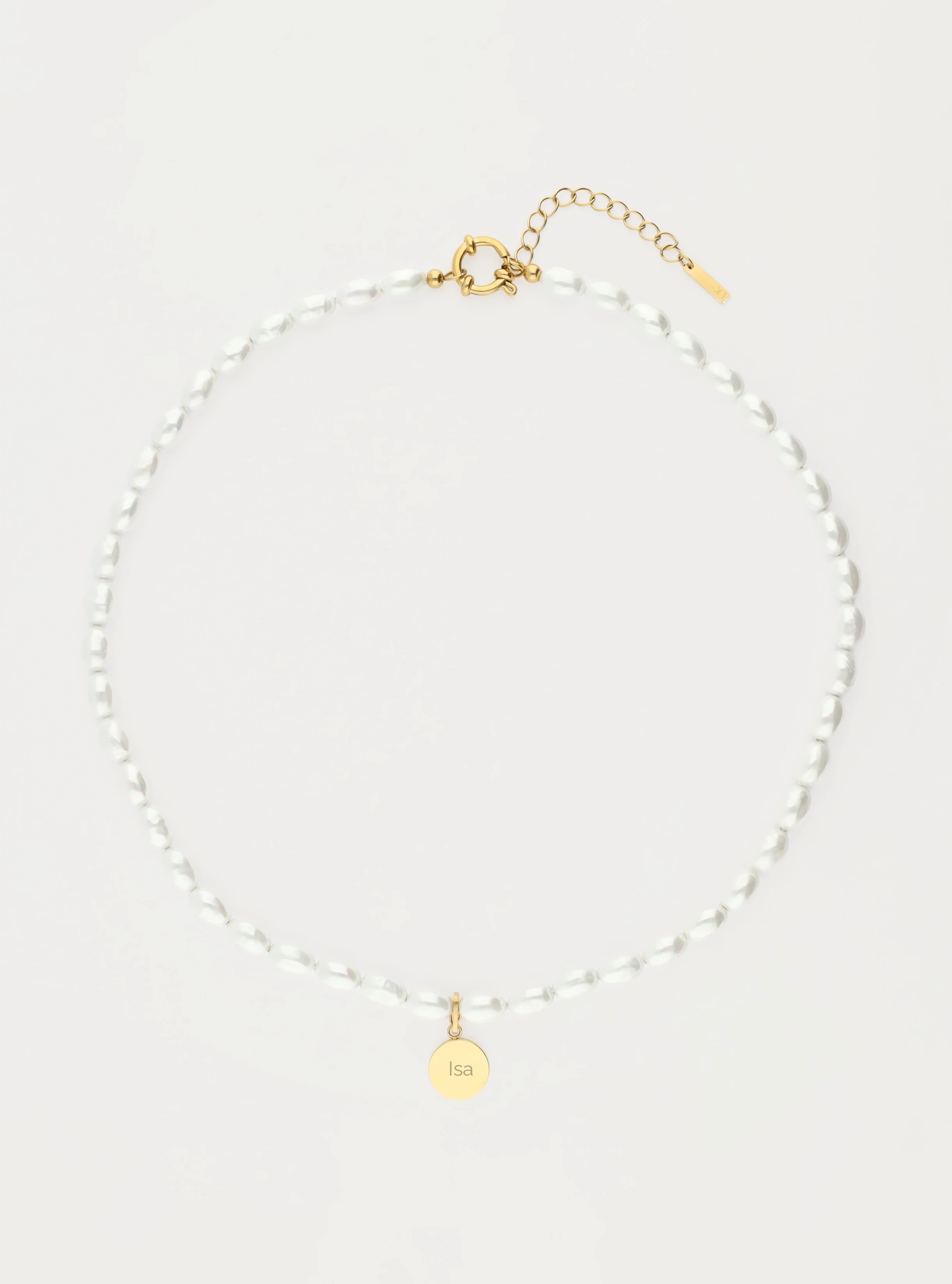 Ketting van schelpparels met graveerbare ronde bedel - 12 mm